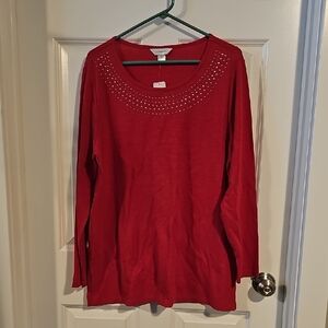 Christopher & Banks Red Long Sleeve Top with Embellished Neckline